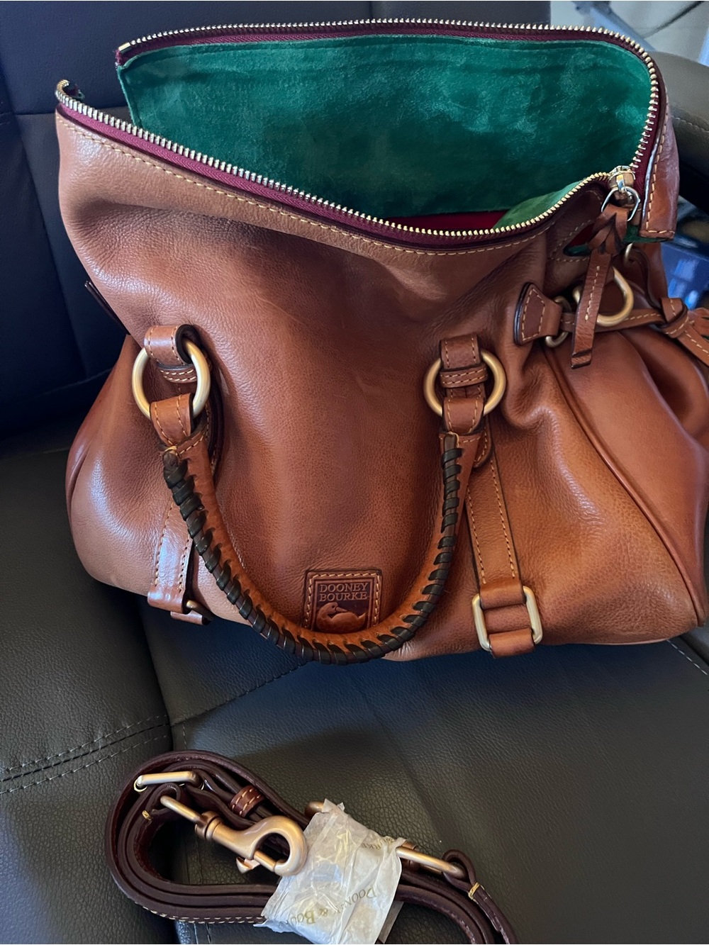 Dooney & Bourke Brown Leather Shoulder Bag with Green Suede Interior